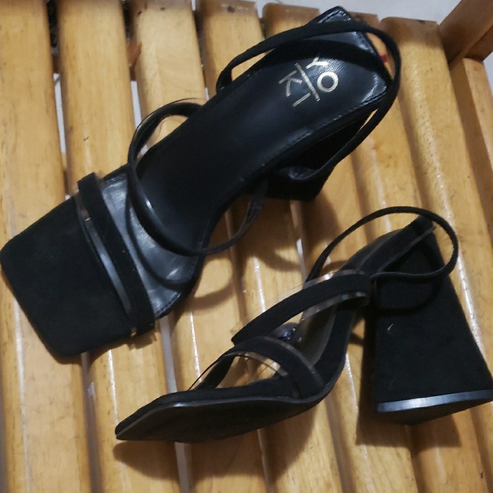 Suede Black Strappy Chunky Triangle Heels